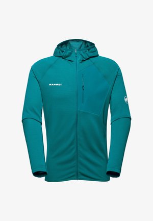 Tealfarbener Full-Zip Kapuzenjacke mit einer Brusttasche mit Reißverschluss, Mammut-Logo auf der Vorderseite und am Arm, langen Ärmeln und eng anliegenden Bündchen.