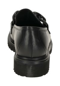 Scarpa in pelle nera con punta arrotondata, suola spessa in gomma nera e cuciture minime. Presenta cinturini resistenti e una finitura liscia.