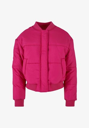 Jachetă puffer scurtă de un roz aprins, cu guler rotund, manșete ribbate și închidere frontală. Prezintă panouri matlasate și o textură netedă.