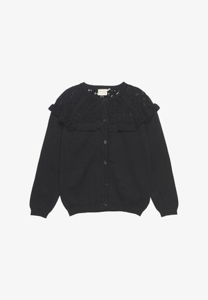 Gilet en tricot noir avec une encolure en dentelle froncée, fermeture à cinq boutons, et poignets et ourlet côtelés. Texture lisse avec des détails complexes.