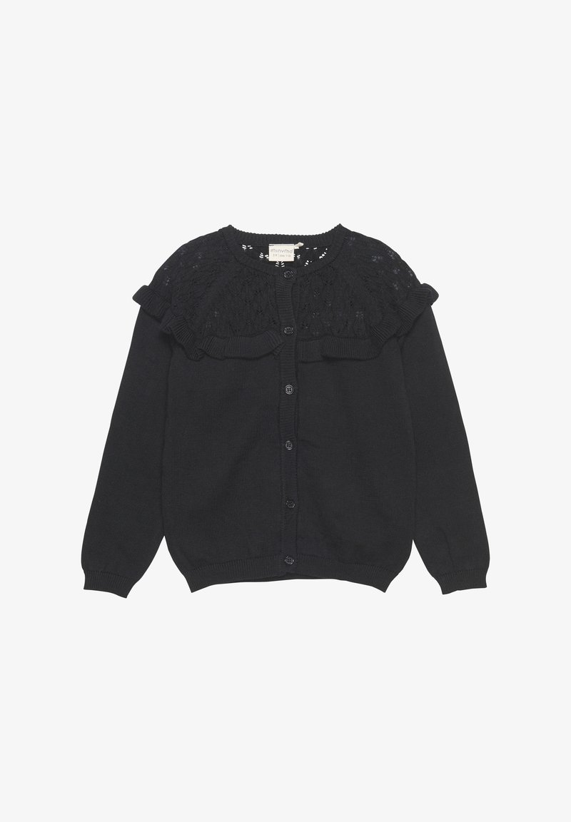 Schwarze Strickjacke mit einem spitzen, gerafften Ausschnitt, fünf Knopfverschluss und gerippten Bündchen und Saum. Glatte Textur mit filigranen Details.