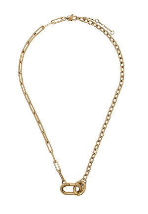 Złoty łańcuszek z dwoma różnymi stylami ogniw, połączony dużym zapięciem i dwoma splecionymi okrągłymi pierścieniami.