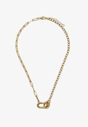 Złoty łańcuszek z dwoma różnymi stylami ogniw, połączony dużym zapięciem i dwoma splecionymi okrągłymi pierścieniami.