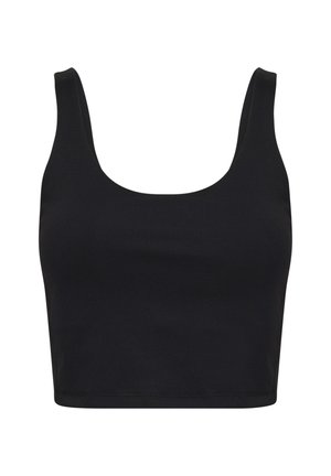 Zwarte, geknipte tanktop van gladde, rekbare stof. Heeft een ronde halslijn en brede schouderbanden. Eenvoudig, minimalistisch ontwerp.