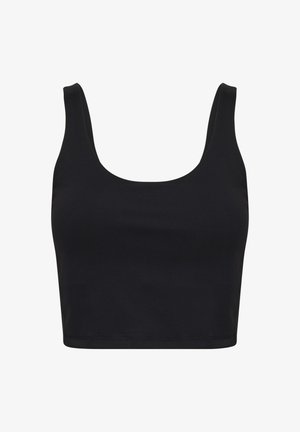 Zwarte, geknipte tanktop van gladde, rekbare stof. Heeft een ronde halslijn en brede schouderbanden. Eenvoudig, minimalistisch ontwerp.