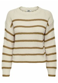 Pull tricoté avec une base crème et des rayures horizontales marron. Présente un col rond et des poignets et ourlet côtelés. Design de tissu texturé.