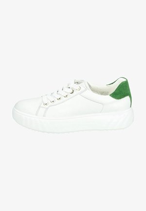 White leather sneaker with a green suede heel accent, round toe, six eyelet lace-up design, and textured rubber sole.