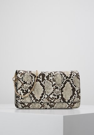Rectangular snakeskin-patterned clutch bag with a fold-over flap and thin gold chain strap resting on a white surface.