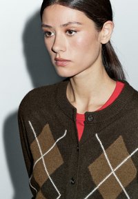 Junge Frau mit braunen Haaren trägt eine dunkelbraune Argyle-Strickjacke über einem roten Shirt und schaut zur Seite, vor einem einfachen hellen Hintergrund.
