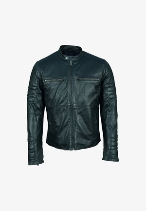 Zwarte leren jas met een hoge kraag, twee ritsborstzakken en geribbelde schouderaccenten. Heeft een getailleerde silhoët en een soepele textuur.