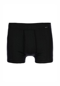 Black striped boxer shorts with a wide elastic waistband. Features a subtle logo and smooth texture, designed for comfort and fit.