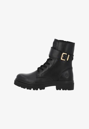 Black leather combat boot with lace-up front, gold buckle strap around the ankle, and rugged tread sole.