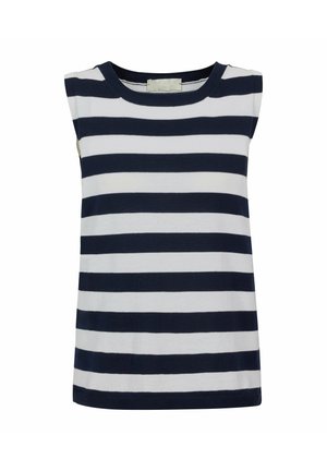 Ärmelloses Stricktop mit horizontalen blau-weißen Streifen und rundem Ausschnitt.
