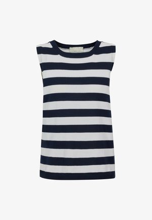 Sleeveless knit top with horizontal navy blue and white stripes and a round neckline.