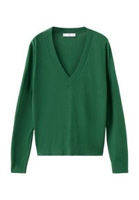 Maglione verde a V realizzato in un materiale lavorato a maglia strutturata. Maniche lunghe, design aderente e orlo che arriva alla vita.