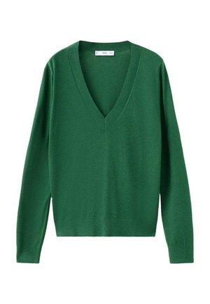 Zeleni pulover z v-izrezom iz teksturiranega pletenega materiala. Dolgi rokavi, oprijet kroj in spodnji rob, ki sega do pasu.