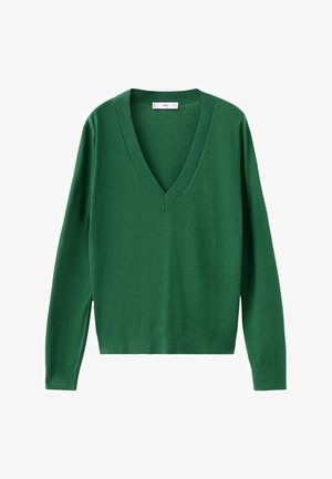 Zeleni pulover s V-izrezom izrađen od teksturiranog pletenog materijala. Dugih rukava, pristajućeg dizajna i rubom koji pada do struka.