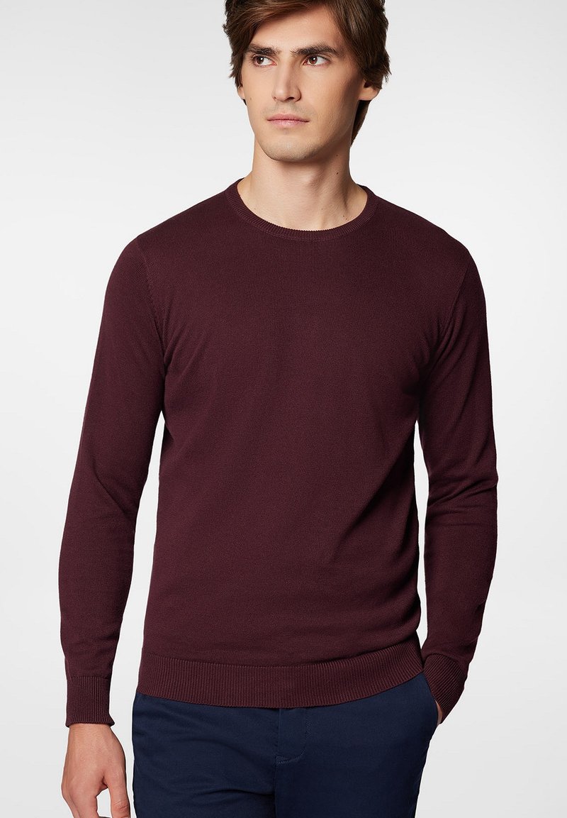 Burgundowa bluza z okrągłym dekoltem, z długimi rękawami, ściśle wykończonymi mankietami i dołem, wykonana z miękkiego, gładkiego materiału, o klasycznym wzornictwie.