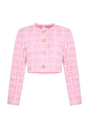 Pink tweed cropped jacket with long sleeves, featuring a textured check pattern and three gold-tone buttons at the front.