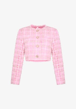 Roze tweed kort jasje met lange mouwen, voorzien van een getextureerd ruitpatroon en drie goudkleurige knopen aan de voorkant.