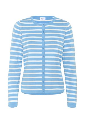 Ljust blå och vit randig cardigan i mjukt stickat tyg. Har rund halsringning och knäppning med sex knappar fram.
