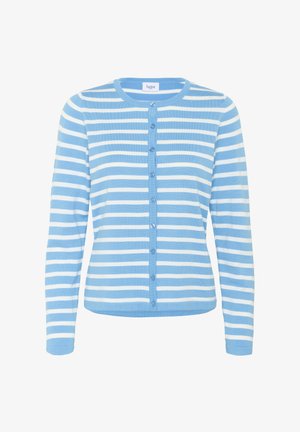 Světle modrý a bílý pruhovaný cardigan vyrobený z měkké pleteniny. Obsahuje kulatý výstřih a zapínání na knoflíky se šesti knoflíky.
