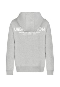 Grauer Hoodie mit einer Vorderstasche, auf der Rückseite prangt ein großes weißes grafisches Textdesign: "URBANATION THE SUBLEVEL CLOTHING BRAND ONLY THE REAL ONES".
