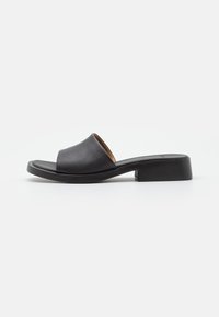 Black slip-on sandal with wide leather strap, square open toe, and low block heel on white background.