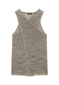 Haut sans manches gris clair avec un design croisé. Confectionné en tissu tricoté texturé, présentant des bords bruts et une coupe décontractée.