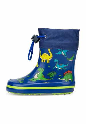 Blauer Gummiregenstiefel mit Dinosaurierdruck, grüner Sohle und einem marineblauen Stoffbund. Verfügt über einen Kordelzug oben für eine verstellbare Passform.