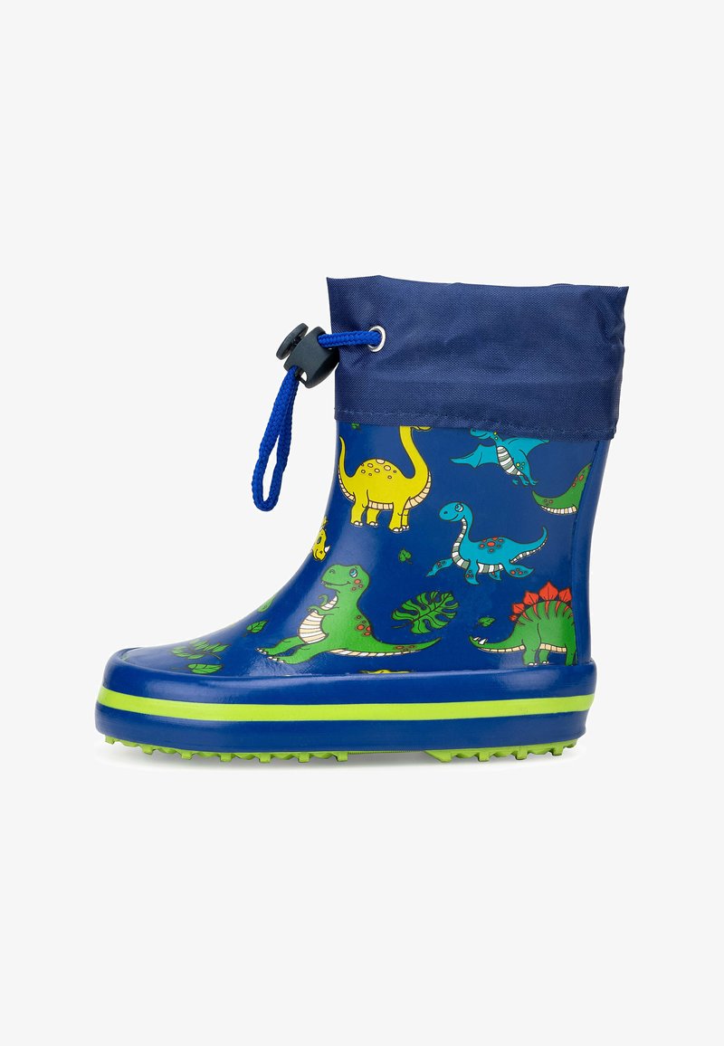 Blauer Gummiregenstiefel mit Dinosaurierdruck, grüner Sohle und einem marineblauen Stoffbund. Verfügt über einen Kordelzug oben für eine verstellbare Passform.