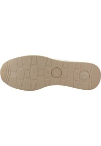 Suela de zapato de goma beige con un patrón texturizado, que presenta formas hexagonales y rectangulares para un mejor agarre y tracción. Tamaño 38 marcado.