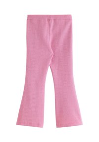 Rosa leggings med vidde i benene, lavet af blødt, elastisk stof, der har en glat tekstur og elastisk talje. Designet er enkelt og ubesmykket.