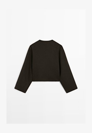 Cropped, long-sleeve top made of dark fabric. Features a round neckline and a clean silhouette with minimal stitching at edges.