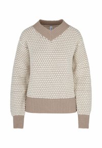 Maglione color crema con un design a bolle testurizzato, scollo a V e polsini e orlo a coste di un tono marrone chiaro a contrasto.