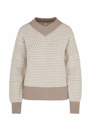 Cream colored sweater featuring a textured, bubble design with a v-neck and ribbed cuffs and hem in a contrasting light brown shade.