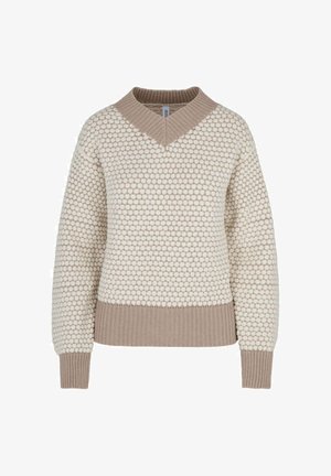 Maglione color crema con un design a bolle testurizzato, scollo a V e polsini e orlo a coste di un tono marrone chiaro a contrasto.