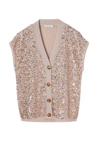 Beige sleeveless cardigan with a V-neck, embellished with sequins in shades of rose gold, featuring five large brown buttons down the front.