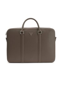 Brown synthetic laptop bag with two top handles, subtle texture, front logo detail, and a zip closure. Features decorative stitching accents.