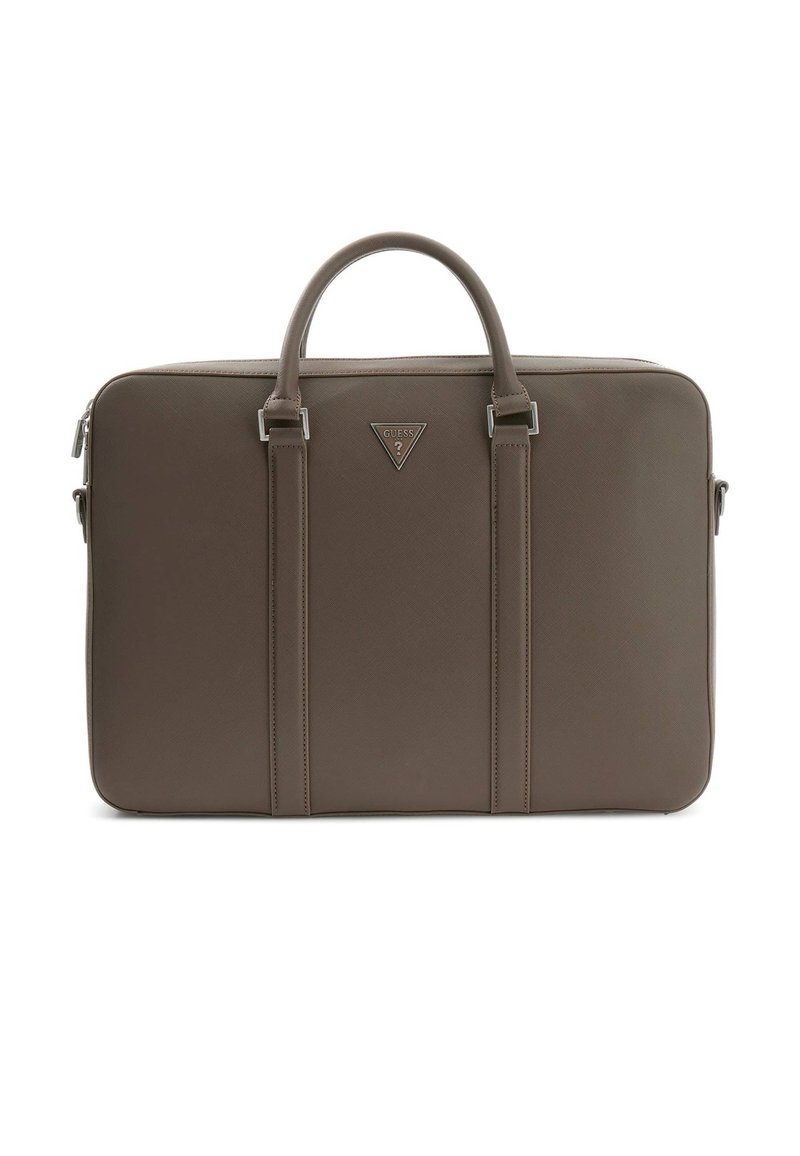 Brown synthetic laptop bag with two top handles, subtle texture, front logo detail, and a zip closure. Features decorative stitching accents.
