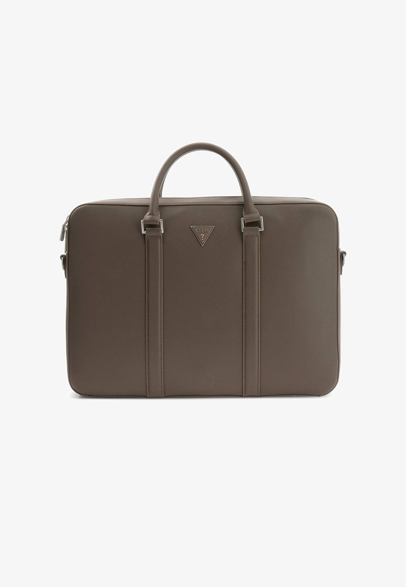 Brown synthetic laptop bag with two top handles, subtle texture, front logo detail, and a zip closure. Features decorative stitching accents.