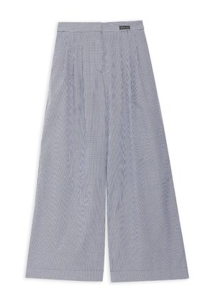 Vysoký pás, široké nohavice s jemným svetlomodro-bielym vzorom mikrokocky a plisami vpredu.
