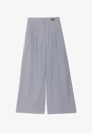 Hoog getailleerde, wijd uitlopende broek met een lichtblauw-wit microruitpatroon en plooien aan de voorkant.