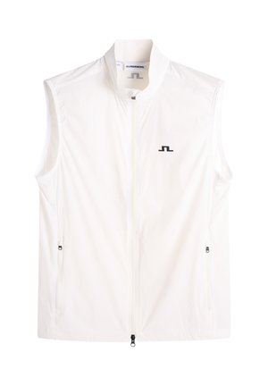 Witte mouwloze bodywarmer met ritssluiting, hoge kraag en klein zwart J.Lindeberg-logo op de linkerborst, twee zijzakken met ritssluiting.