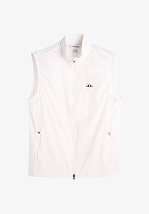 Witte mouwloze bodywarmer met ritssluiting, hoge kraag en klein zwart J.Lindeberg-logo op de linkerborst, twee zijzakken met ritssluiting.