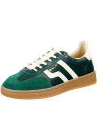 Green leather sneakers with white accents, featuring a suede toe cap, flat laces, and a textured gum rubber sole. GANT logo displayed.