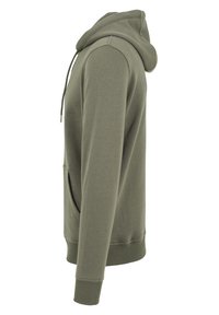 Olijfgroene hoodie van zachte stof, met een trekkoordkap, voorzak, geribde manchetten en onderrand. Eenvoudig, casual ontwerp.