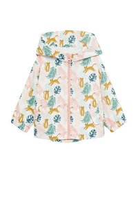 Lätt regnjacka med tryck av rosa och vita tropiska blad och gula leoparder, med dragkedja framtill och huva.