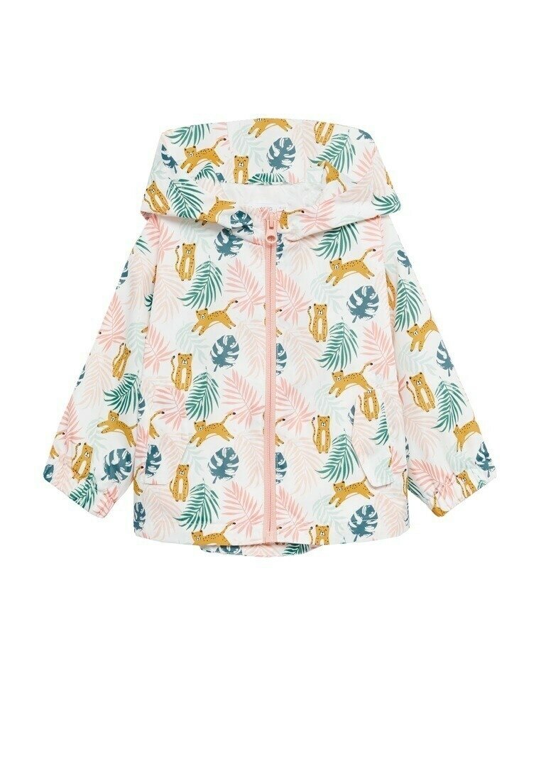 Lätt regnjacka med tryck av rosa och vita tropiska blad och gula leoparder, med dragkedja framtill och huva.