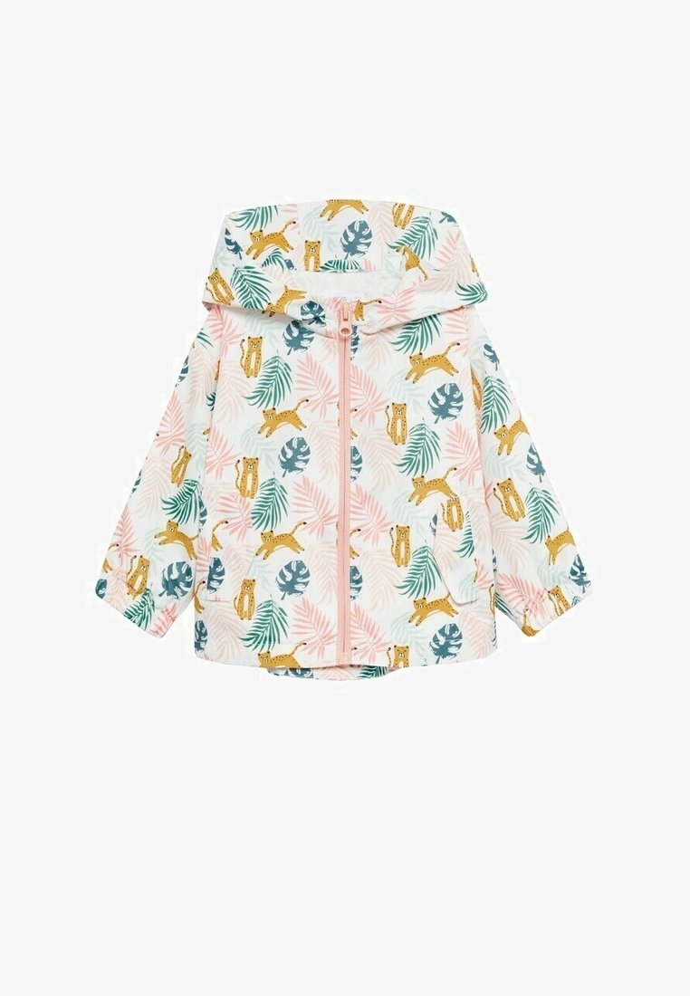 Lightweight rain jacket featuring a pink and white tropical leaf print with yellow leopards, a front zipper, and a hood.